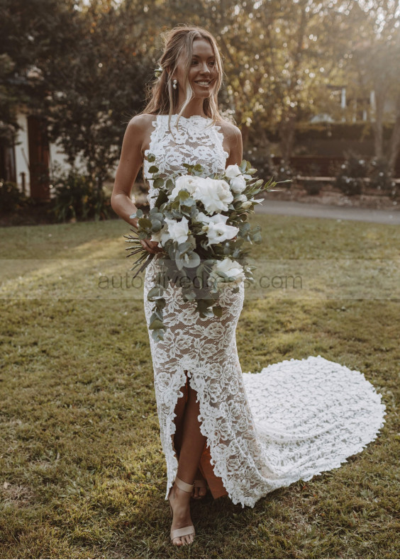 High Neck Ivory Lace Slit Floral Wedding Dress